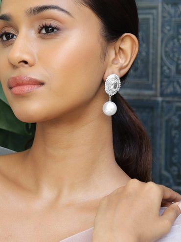 Rubans Rhodium-Plated Cubic Zirconia Studded Pearl Drop Oval Frame Earrings Earrings