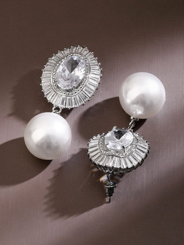 Rubans Rhodium-Plated Cubic Zirconia Studded Pearl Drop Oval Frame Earrings Earrings