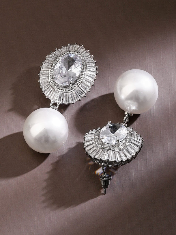 Rubans Rhodium-Plated Cubic Zirconia Studded Pearl Drop Oval Frame Earrings Earrings
