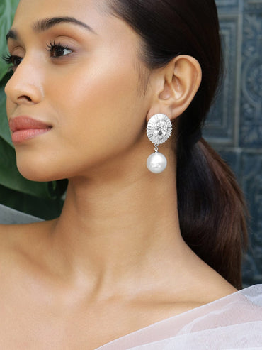 Rubans Rhodium-Plated Cubic Zirconia Studded Pearl Drop Oval Frame Earrings Earrings