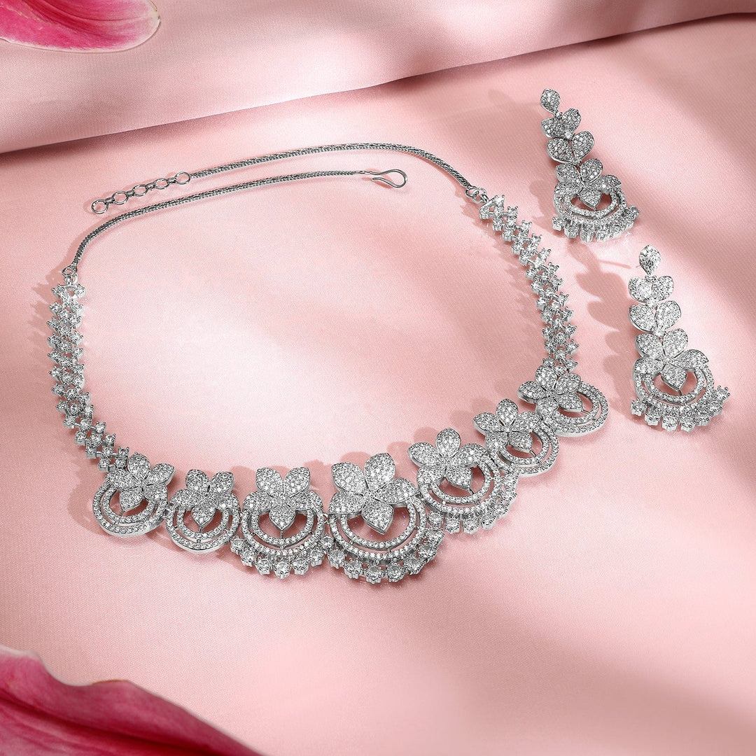 Rubans Rhodium-Plated Cubic Zirconia Studded Premium Floral Jewellery Set Necklace Sets