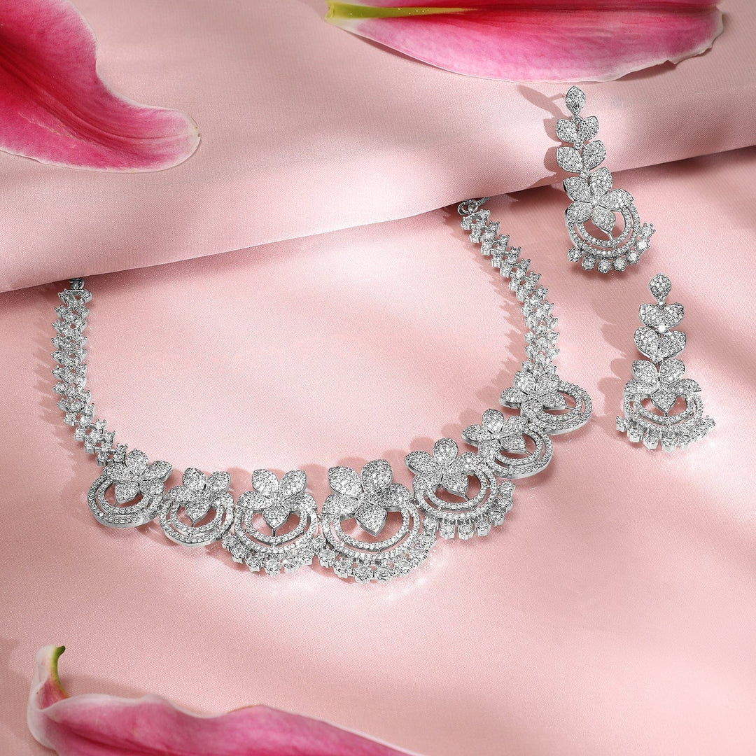 Rubans Rhodium-Plated Cubic Zirconia Studded Premium Floral Jewellery Set Necklace Sets