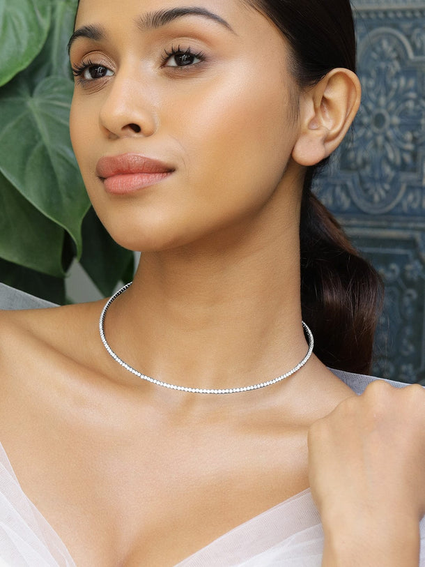 Rubans Rhodium-Plated Cubic Zirconia Studded Premium Glamorous Statement Choker Choker
