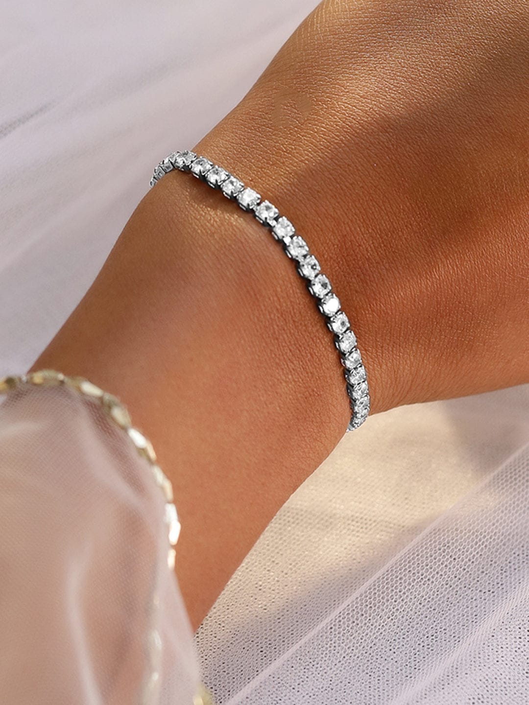 Rubans Rhodium-Plated Cubic Zirconia Studded Premium Tennis Bracelet Wristwear
