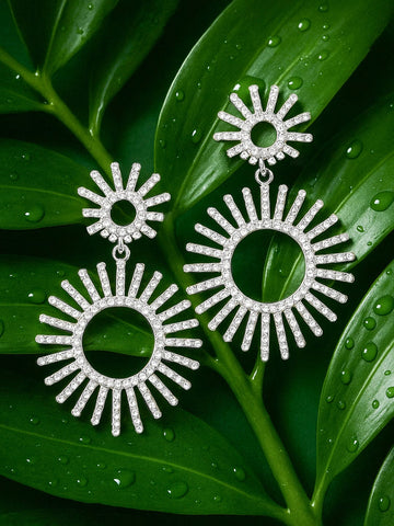 Rubans Rhodium-Plated Cubic Zirconia Studded Radiant Sunburst Design Drop Earrings Drop Earring