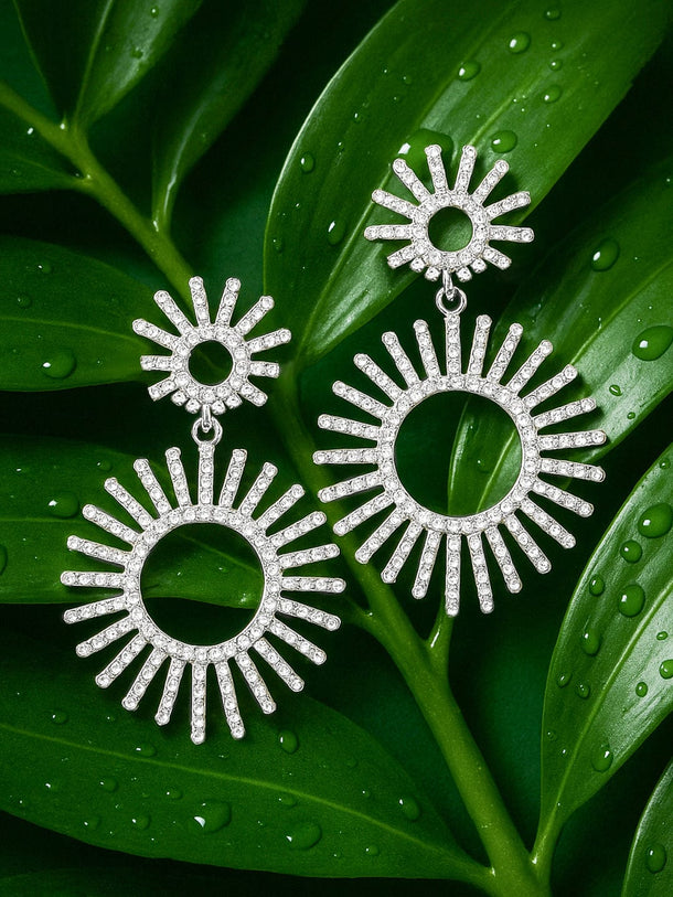 Rubans Rhodium-Plated Cubic Zirconia Studded Radiant Sunburst Design Drop Earrings Drop Earring