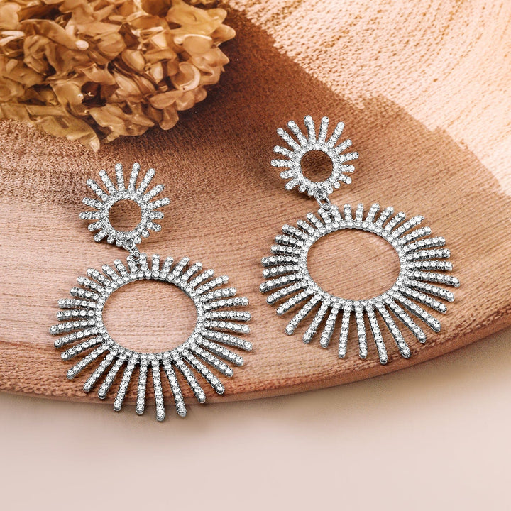 Rubans Rhodium-Plated Cubic Zirconia Studded Radiant Sunburst Design Drop Earrings Drop Earring