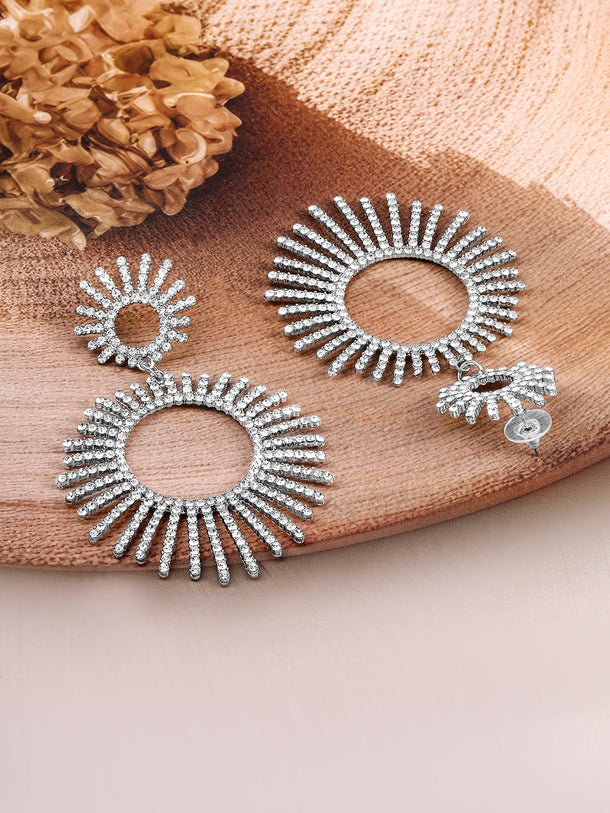 Rubans Rhodium-Plated Cubic Zirconia Studded Radiant Sunburst Design Drop Earrings Earrings