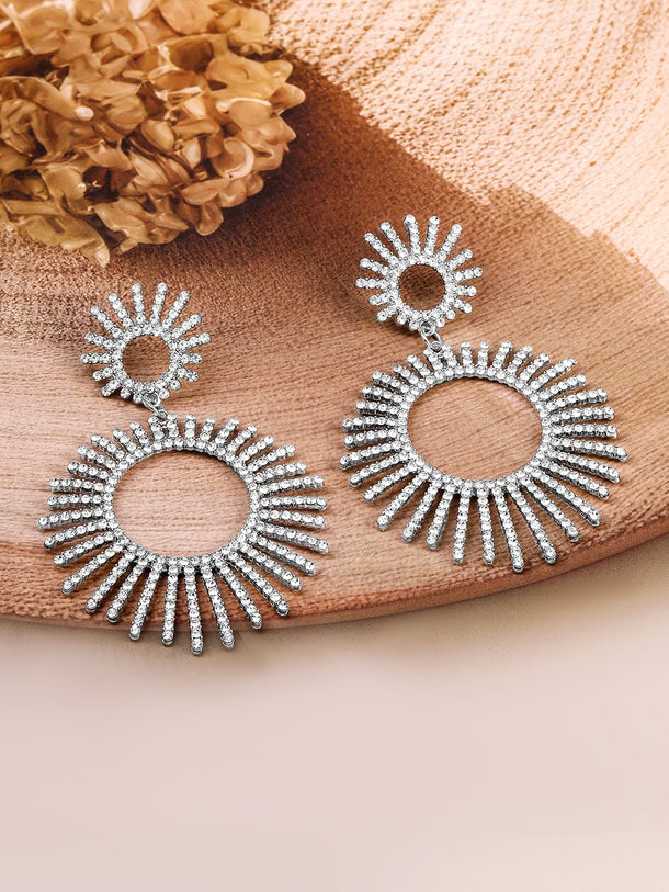 Rubans Rhodium-Plated Cubic Zirconia Studded Radiant Sunburst Design Drop Earrings Earrings