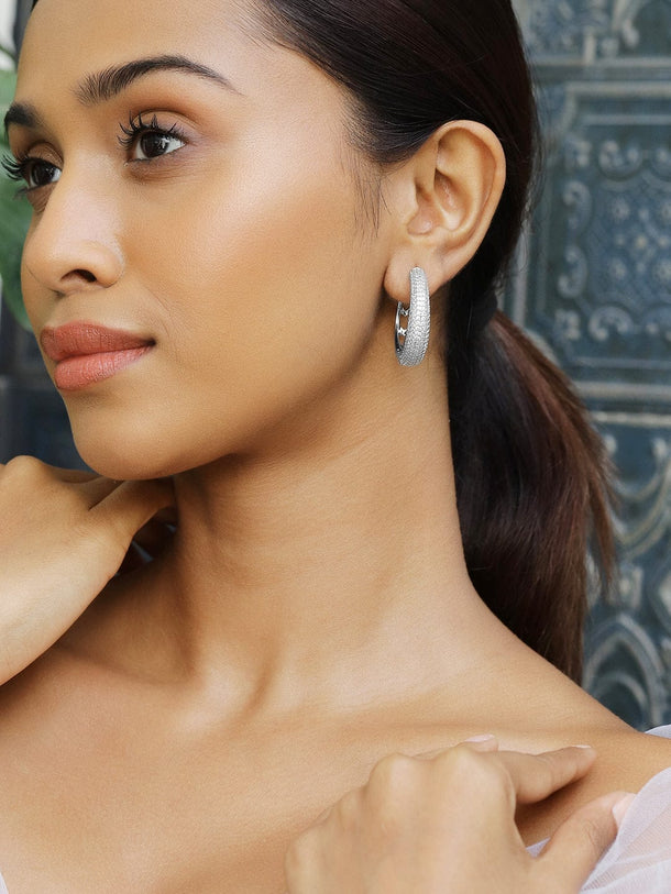 Rubans Rhodium-Plated Cubic Zirconia Studded Sleek Hoop Earrings Earrings