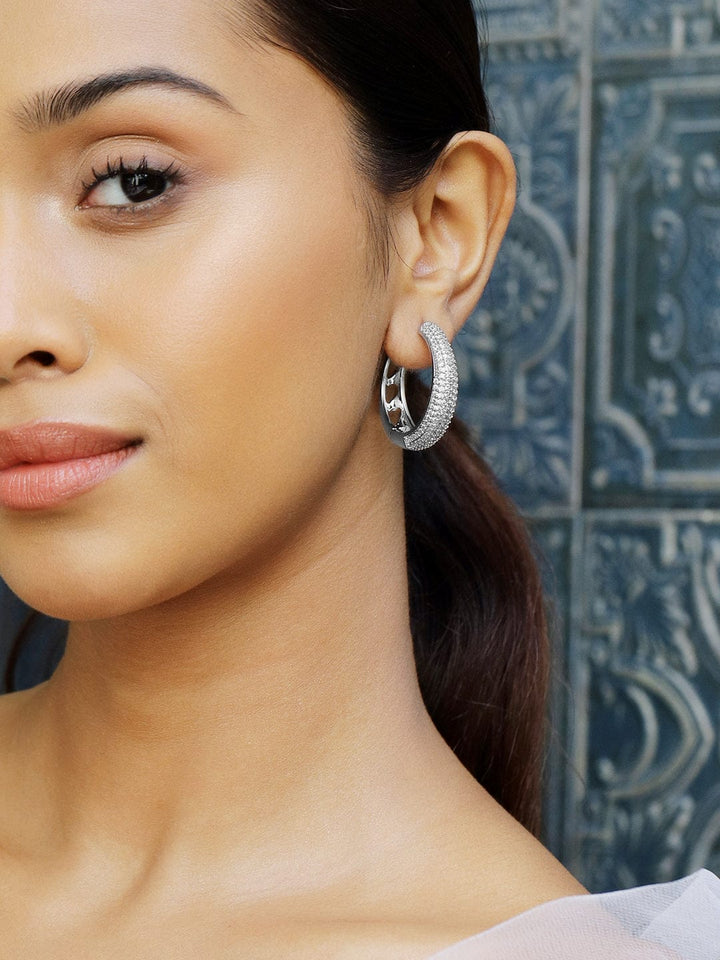 Rubans Rhodium-Plated Cubic Zirconia Studded Sleek Hoop Earrings Earrings
