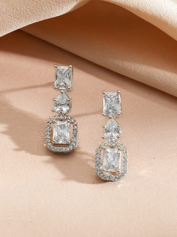Rubans Rhodium-Plated Cubic Zirconia Studded Square-Cut Pendant Necklace Set Jewellery Set