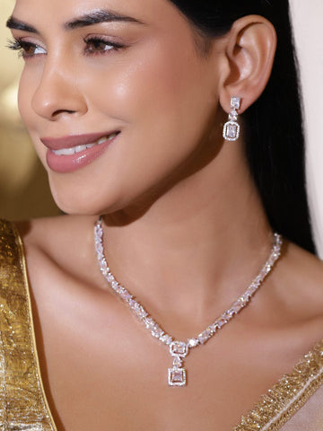 Rubans Rhodium-Plated Cubic Zirconia Studded Square-Cut Pendant Necklace Set Necklace Sets