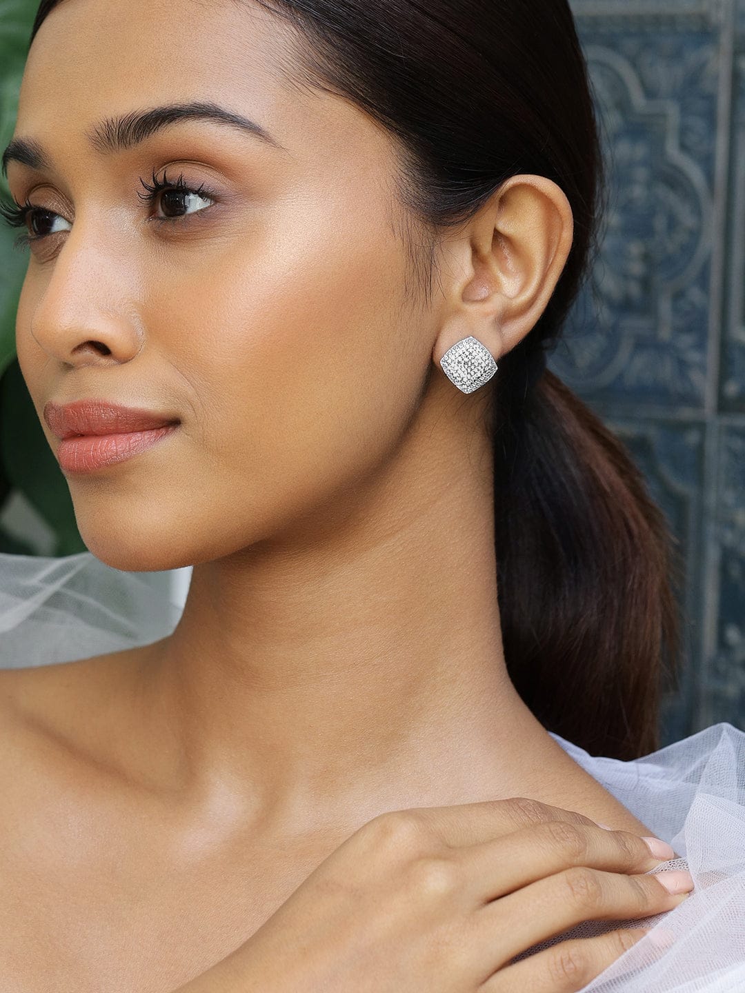 Rubans Rhodium-Plated Cubic Zirconia Studded Square Stud Earrings Earrings