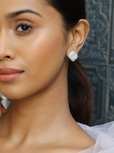 Rubans Rhodium-Plated Cubic Zirconia Studded Square Stud Earrings Earrings