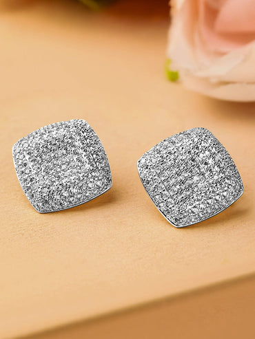 Rubans Rhodium-Plated Cubic Zirconia Studded Square Stud Earrings Earrings