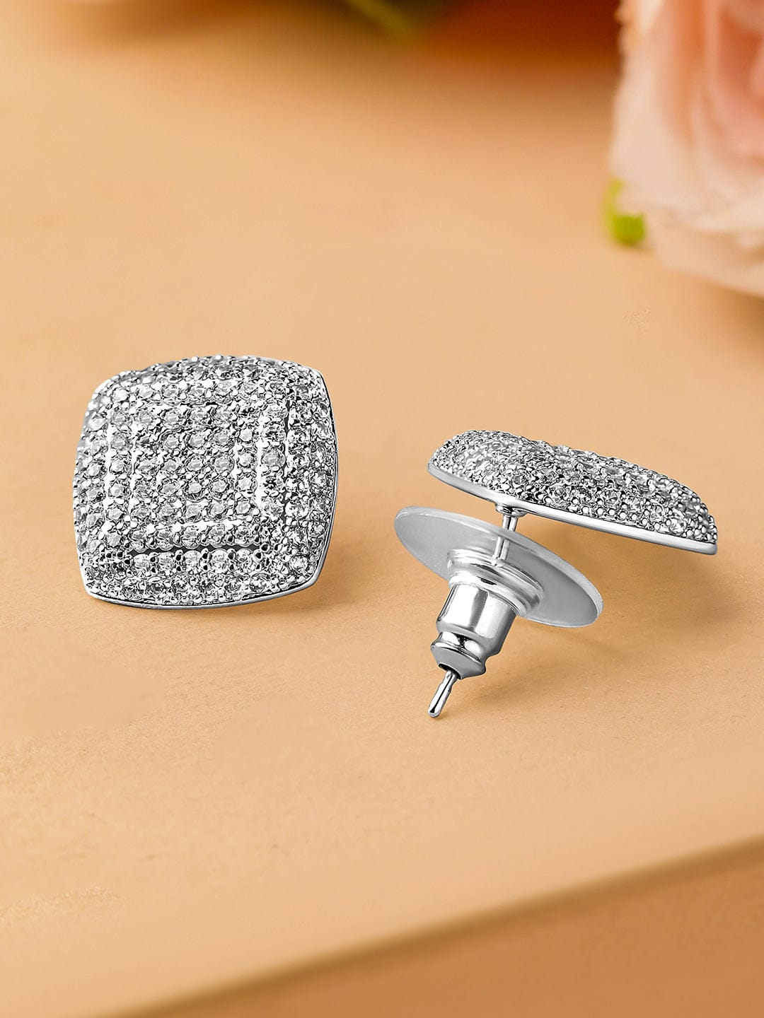 Rubans Rhodium-Plated Cubic Zirconia Studded Square Stud Earrings Earrings