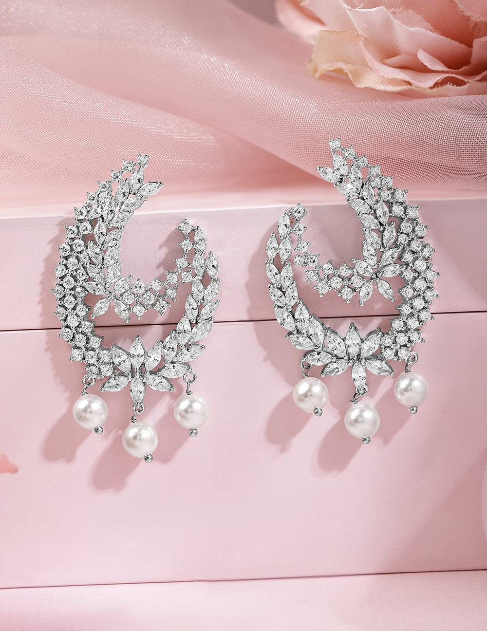 Rubans Rhodium-Plated Cubic Zirconia Studded Statement Crescent Earrings with Pearl Drops Earrings