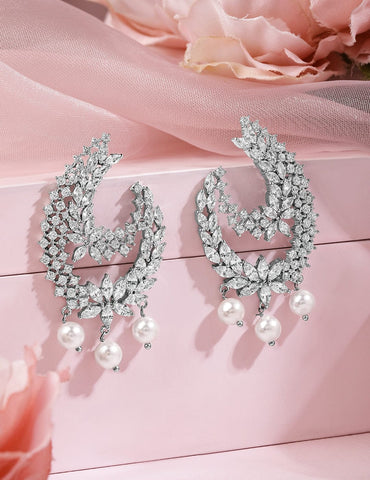 Rubans Rhodium-Plated Cubic Zirconia Studded Statement Crescent Earrings with Pearl Drops Earrings