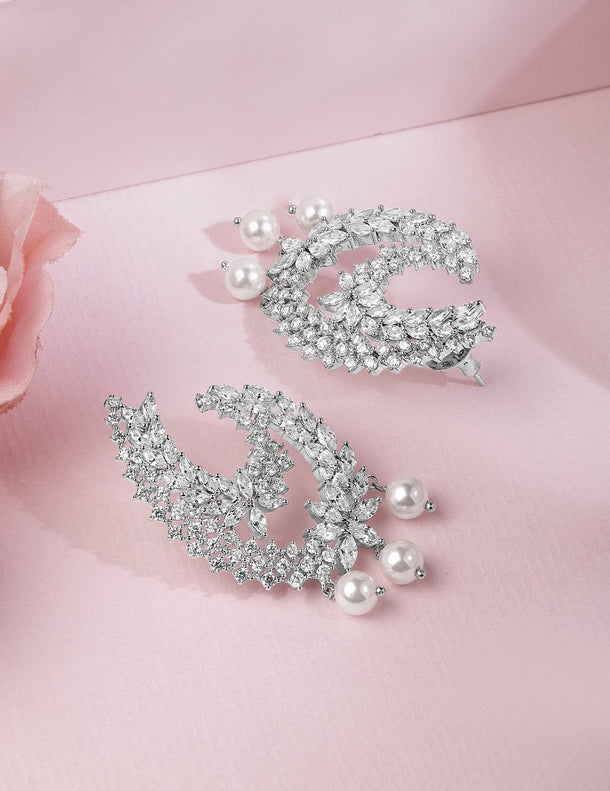 Rubans Rhodium-Plated Cubic Zirconia Studded Statement Crescent Earrings with Pearl Drops Earrings