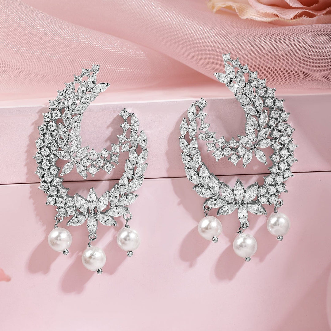 Rubans Rhodium-Plated Cubic Zirconia Studded Statement Crescent Earrings with Pearl Drops Earrings