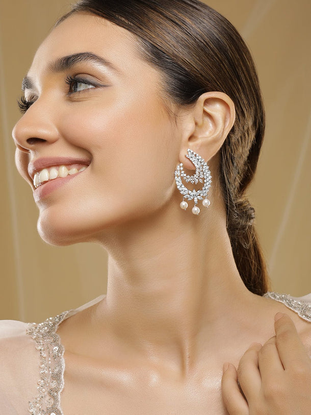 Rubans Rhodium-Plated Cubic Zirconia Studded Statement Crescent Earrings with Pearl Drops Earrings
