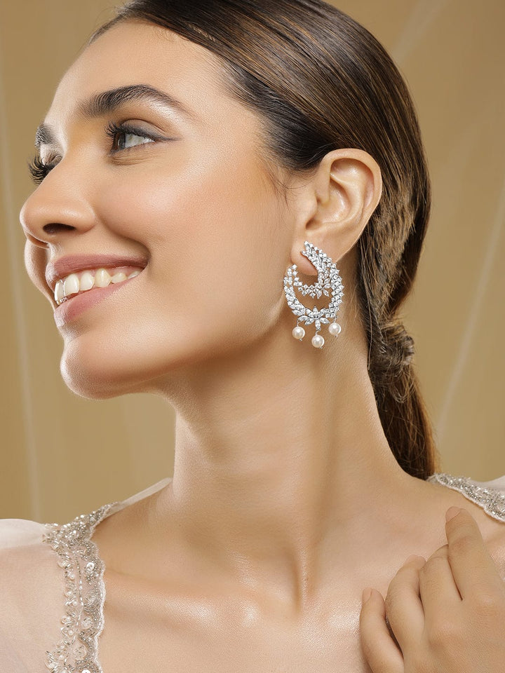 Rubans Rhodium-Plated Cubic Zirconia Studded Statement Crescent Earrings with Pearl Drops Earrings