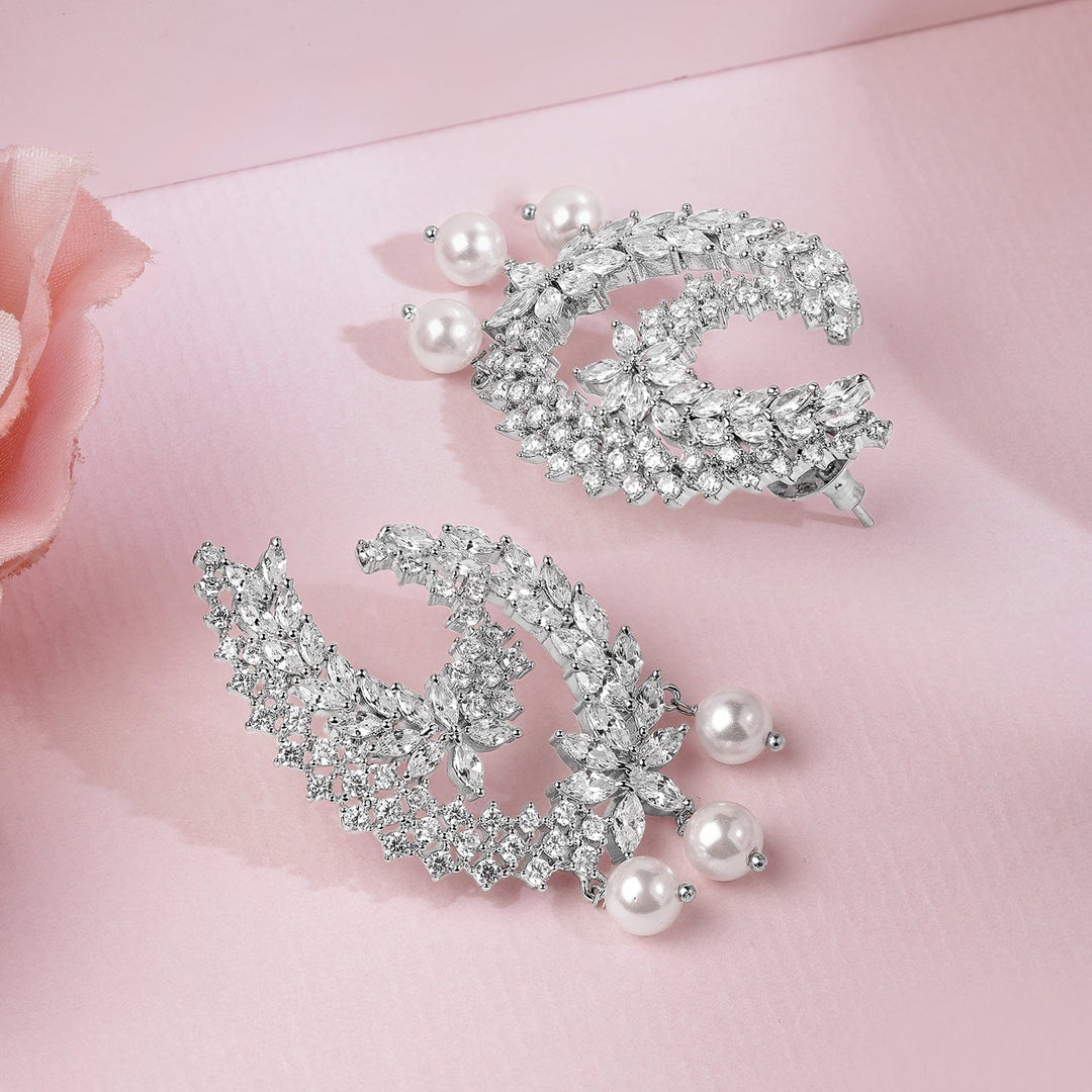 Rubans Rhodium-Plated Cubic Zirconia Studded Statement Crescent Earrings with Pearl Drops Earrings