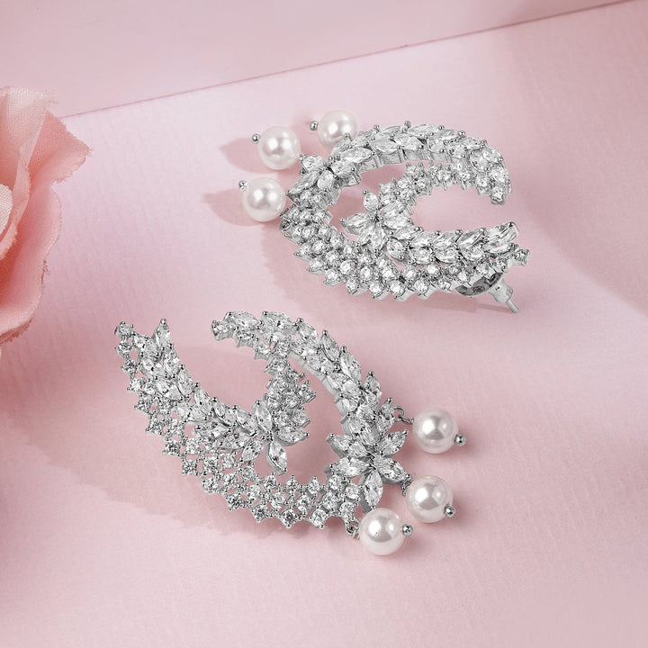 Rubans Rhodium-Plated Cubic Zirconia Studded Statement Crescent Earrings with Pearl Drops Earrings