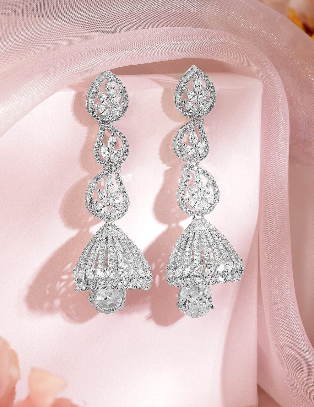 Rubans Rhodium-Plated Cubic Zirconia Studded Statement Drop Earrings Drop Earrings