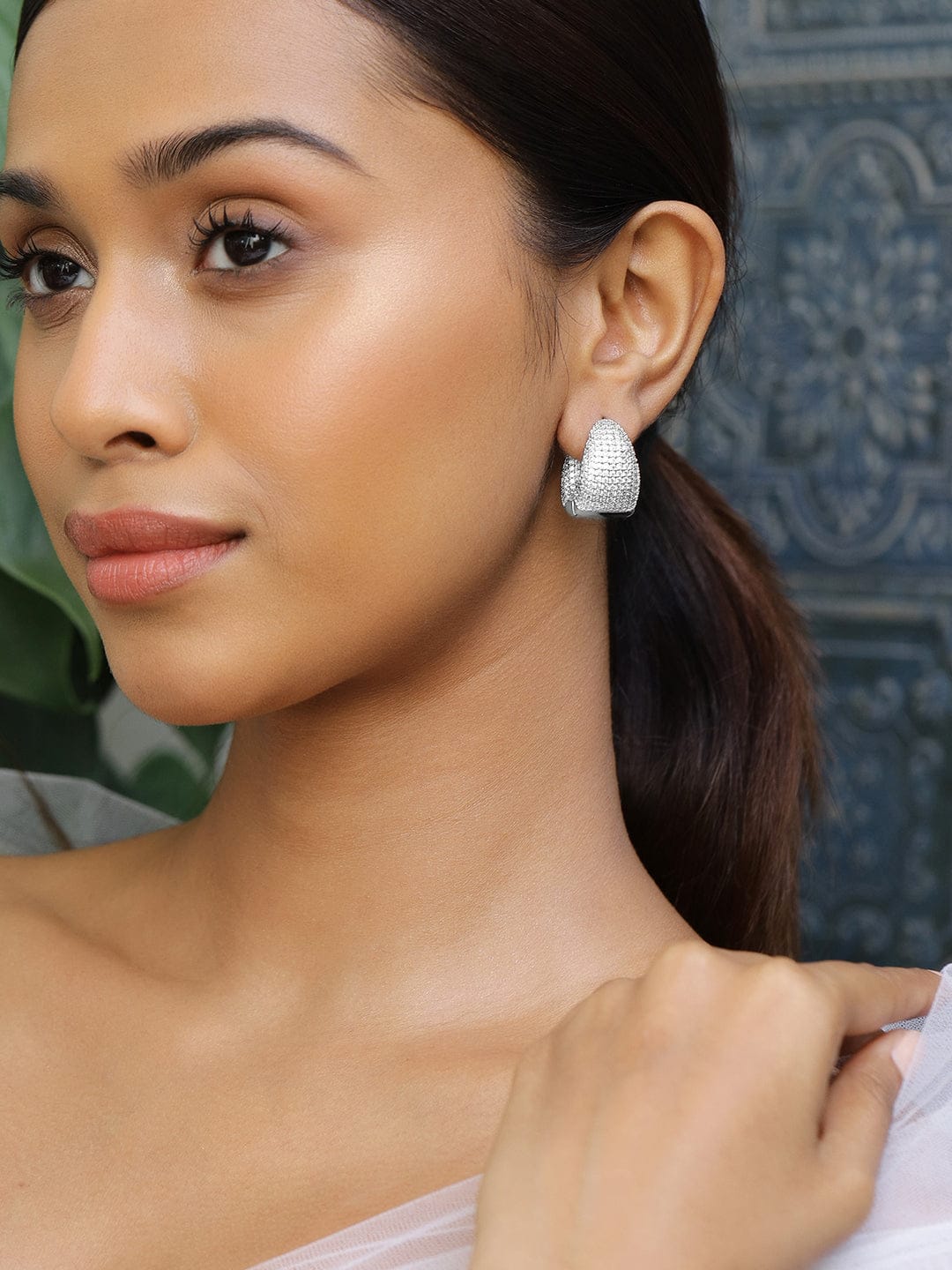 Rubans Rhodium-Plated Cubic Zirconia Studded Statement Hoop Earrings Earrings