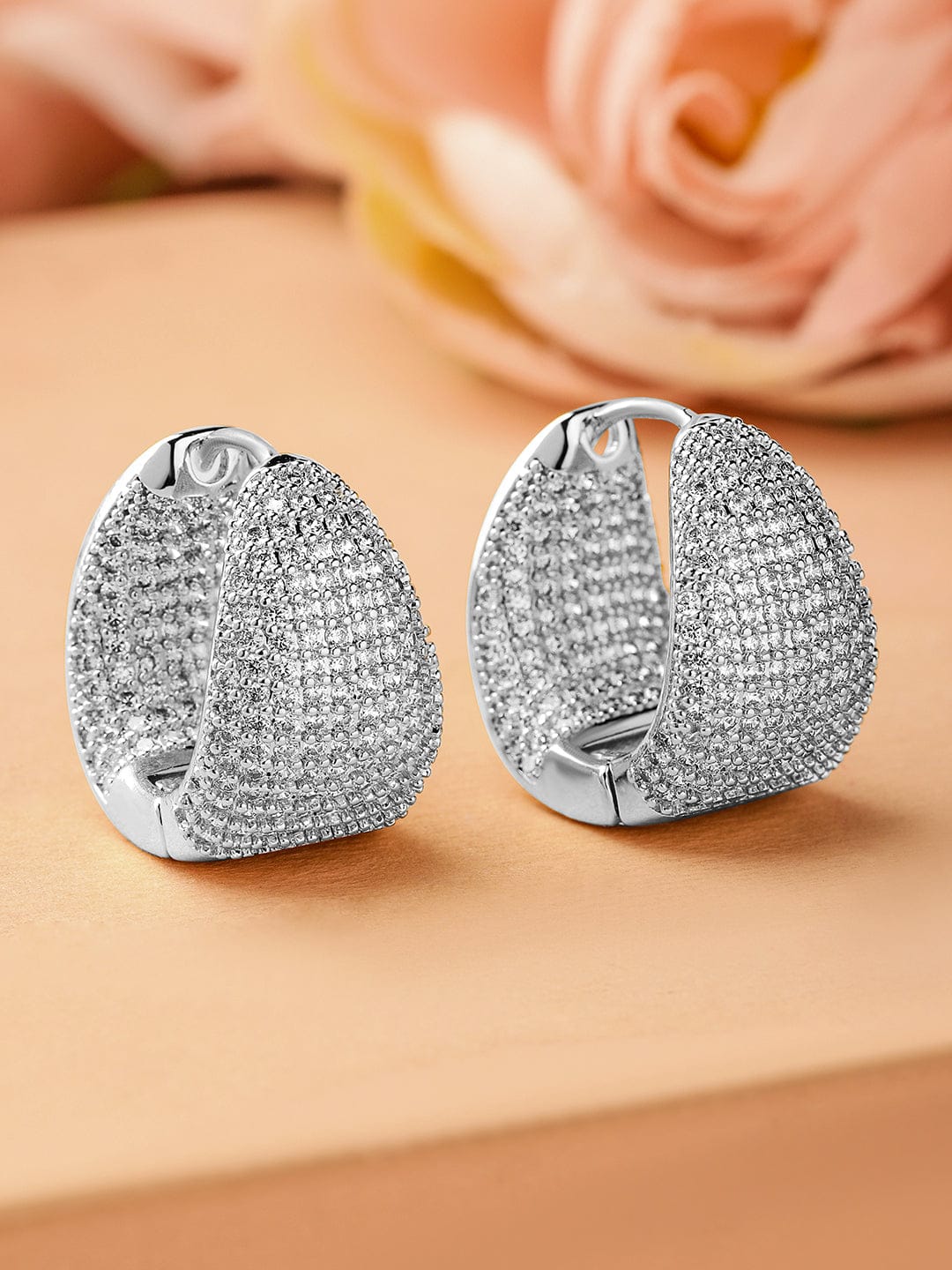 Rubans Rhodium-Plated Cubic Zirconia Studded Statement Hoop Earrings Earrings