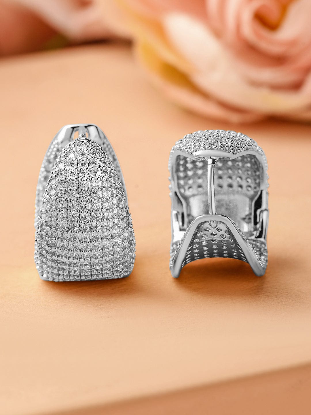 Rubans Rhodium-Plated Cubic Zirconia Studded Statement Hoop Earrings Earrings