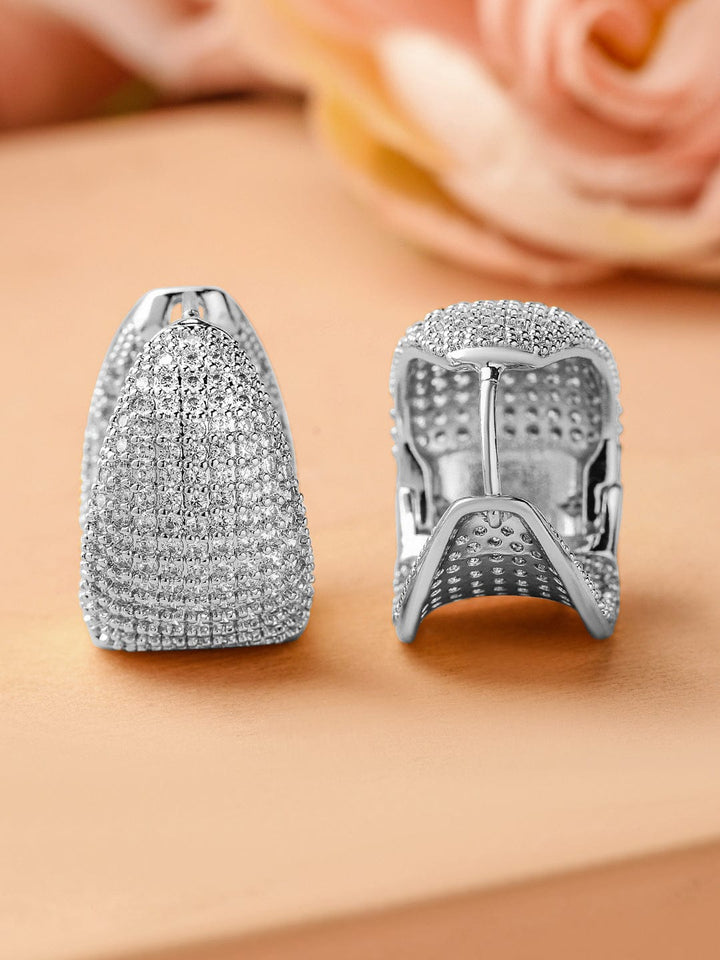 Rubans Rhodium-Plated Cubic Zirconia Studded Statement Hoop Earrings Earrings