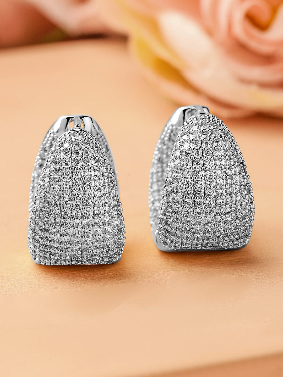 Rubans Rhodium-Plated Cubic Zirconia Studded Statement Hoop Earrings Earrings
