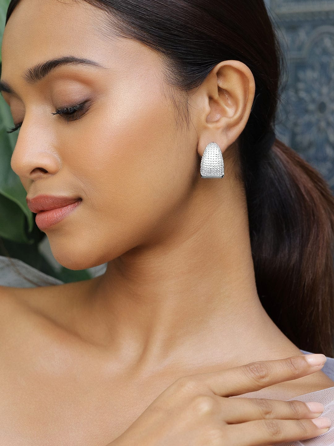 Rubans Rhodium-Plated Cubic Zirconia Studded Statement Hoop Earrings Earrings