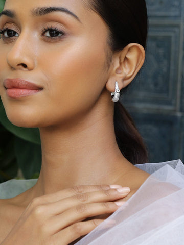 Rubans Rhodium-Plated Cubic Zirconia Studded Statement Mini Hoop Earrings Earrings