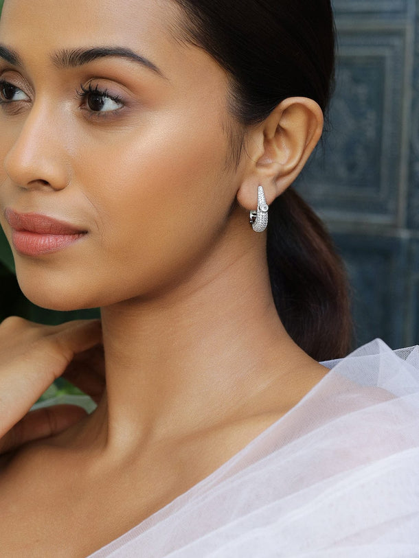 Rubans Rhodium-Plated Cubic Zirconia Studded Statement Mini Hoop Earrings Earrings