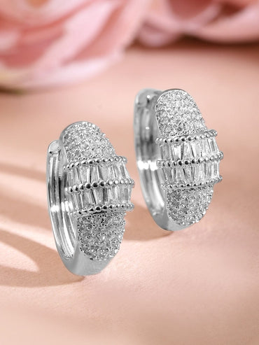 Rubans Rhodium-Plated Cubic Zirconia Studded Statement Mini Hoop Earrings Earrings