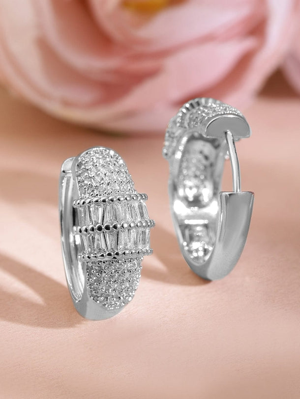 Rubans Rhodium-Plated Cubic Zirconia Studded Statement Mini Hoop Earrings Earrings