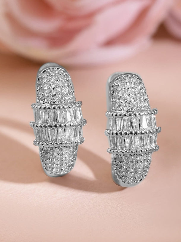 Rubans Rhodium-Plated Cubic Zirconia Studded Statement Mini Hoop Earrings Earrings