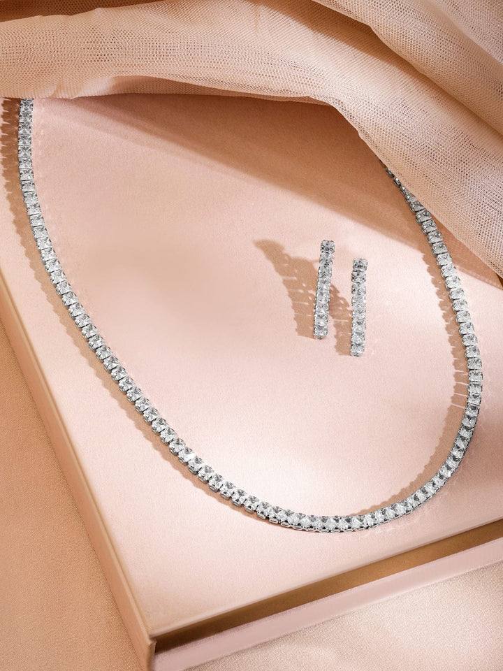 Rubans Rhodium-Plated Cubic Zirconia Studded Statement Necklace Set Jewellery Set