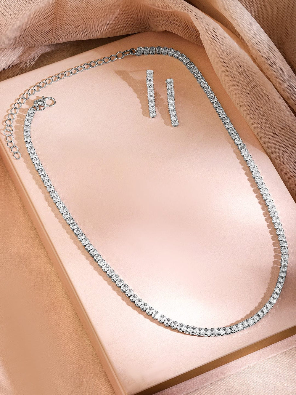 Rubans Rhodium-Plated Cubic Zirconia Studded Statement Necklace Set Jewellery Set