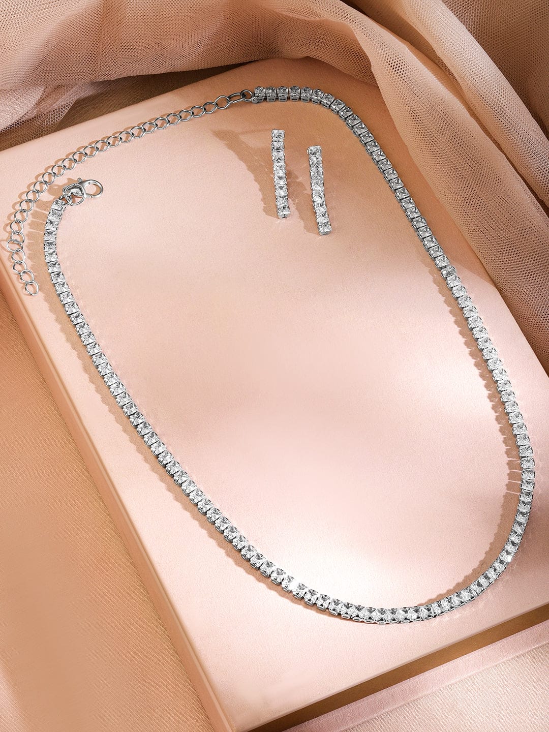 Rubans Rhodium-Plated Cubic Zirconia Studded Statement Necklace Set Jewellery Set