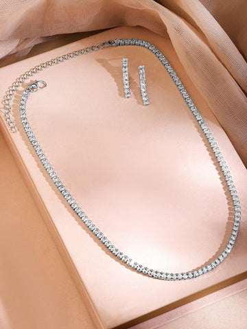 Rubans Rhodium-Plated Cubic Zirconia Studded Statement Necklace Set Jewellery Set