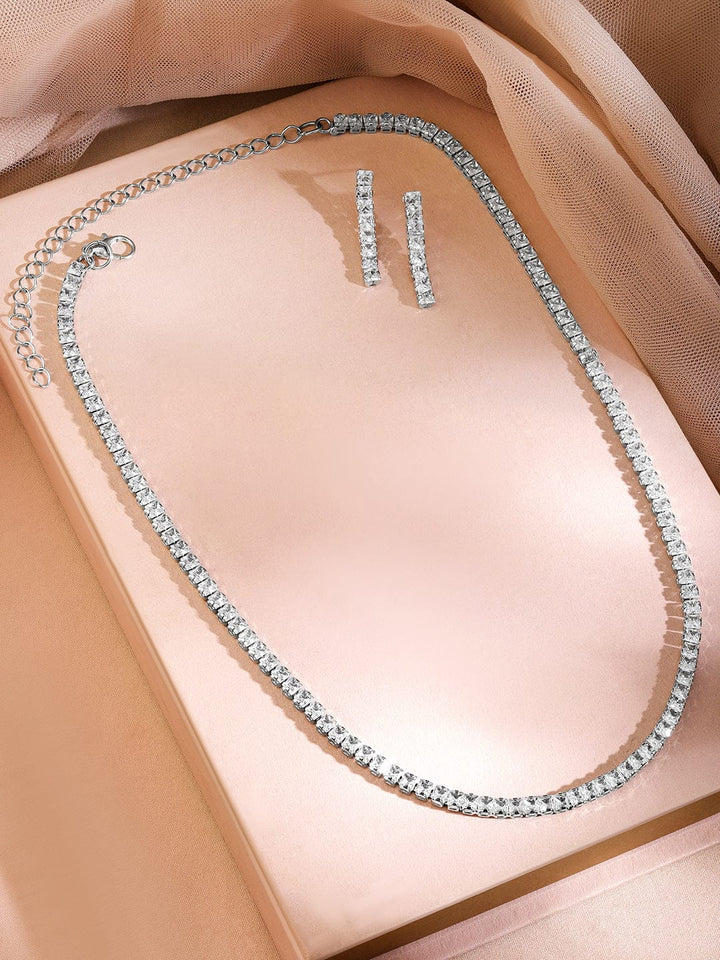 Rubans Rhodium-Plated Cubic Zirconia Studded Statement Necklace Set Jewellery Set