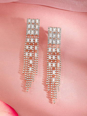 Rubans Rhodium Plated Cubic Zirconia Studded Tassel Drop Earrings Earrings