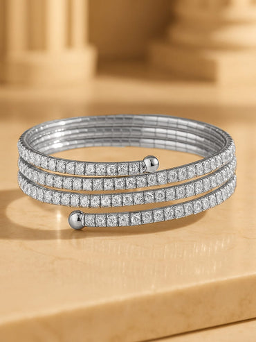 Rubans Rhodium-Plated Cubic Zirconia Studded Triple Line Bangle Style Bracelet Bracelet