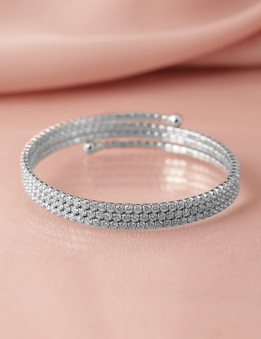 Rubans Rhodium-Plated Cubic Zirconia Studded Triple Line Bangle Style Bracelet Wristwear