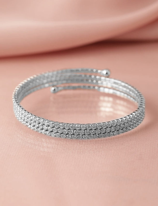 Rubans Rhodium-Plated Cubic Zirconia Studded Triple Line Bangle Style Bracelet Wristwear